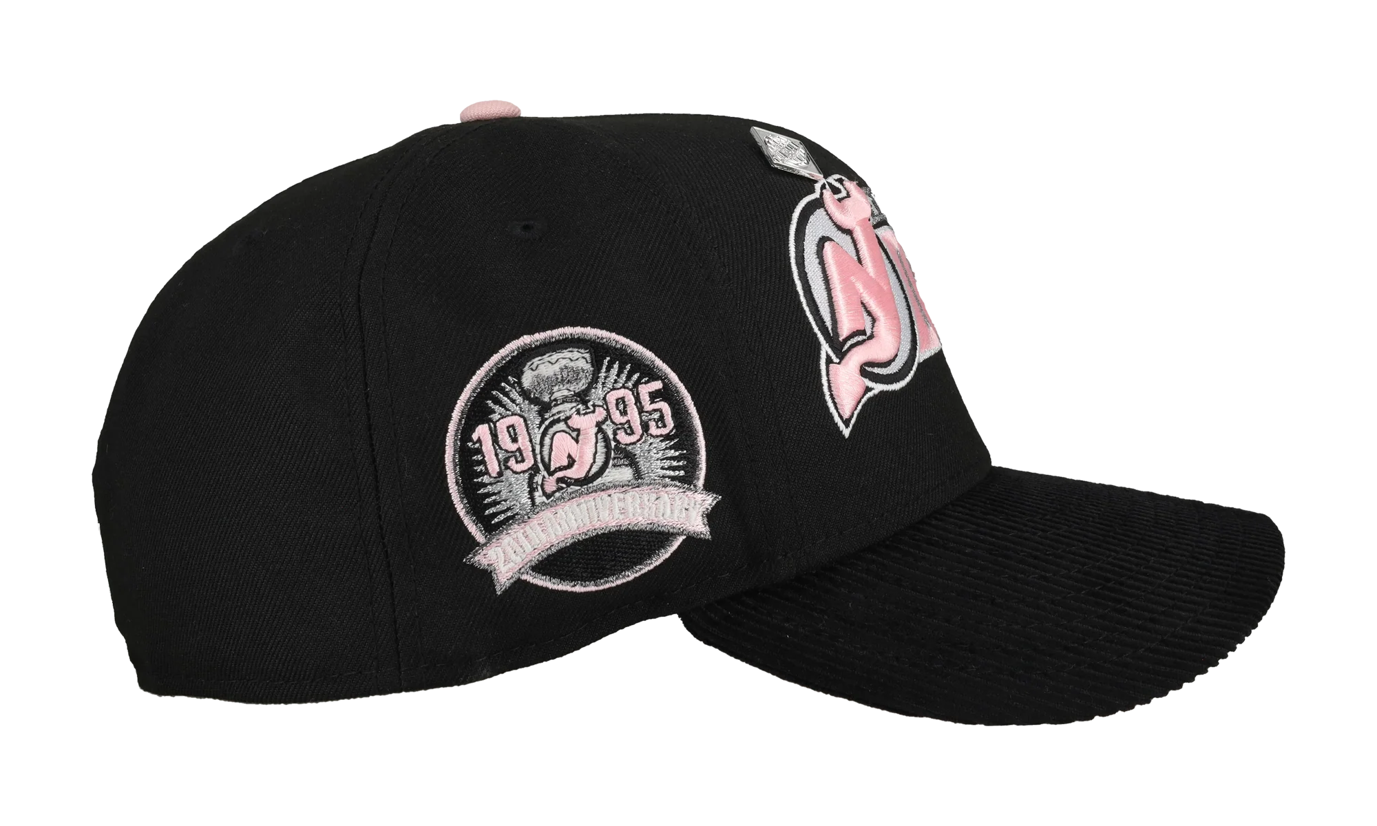 59FIFTY New Jersey Devils 20th Anniversary Fitted Hat "Black / Pink Corduroy Script" NE438