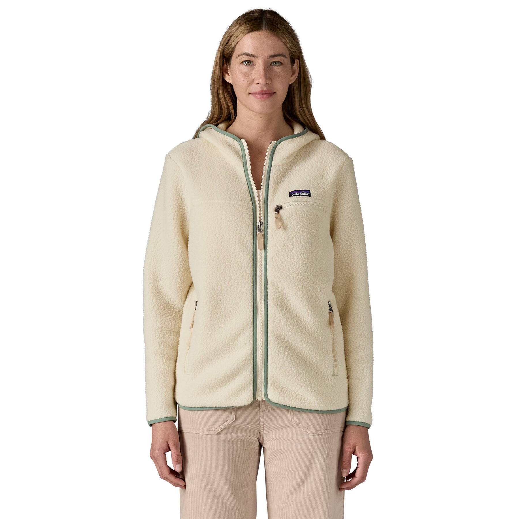 Women's Retro Pile Fleece Hoody in Natural w/ Ellwood Green