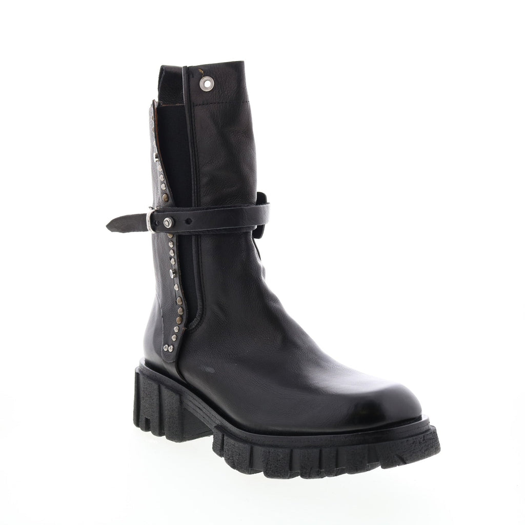 Hallsey A54202-101 Womens Black Leather Hook & Loop Mid Calf Boots