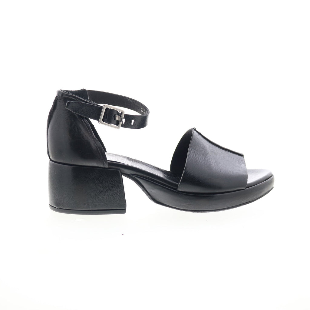 Crue Womens Black Leather Hook & Loop Heeled Sandals Shoes