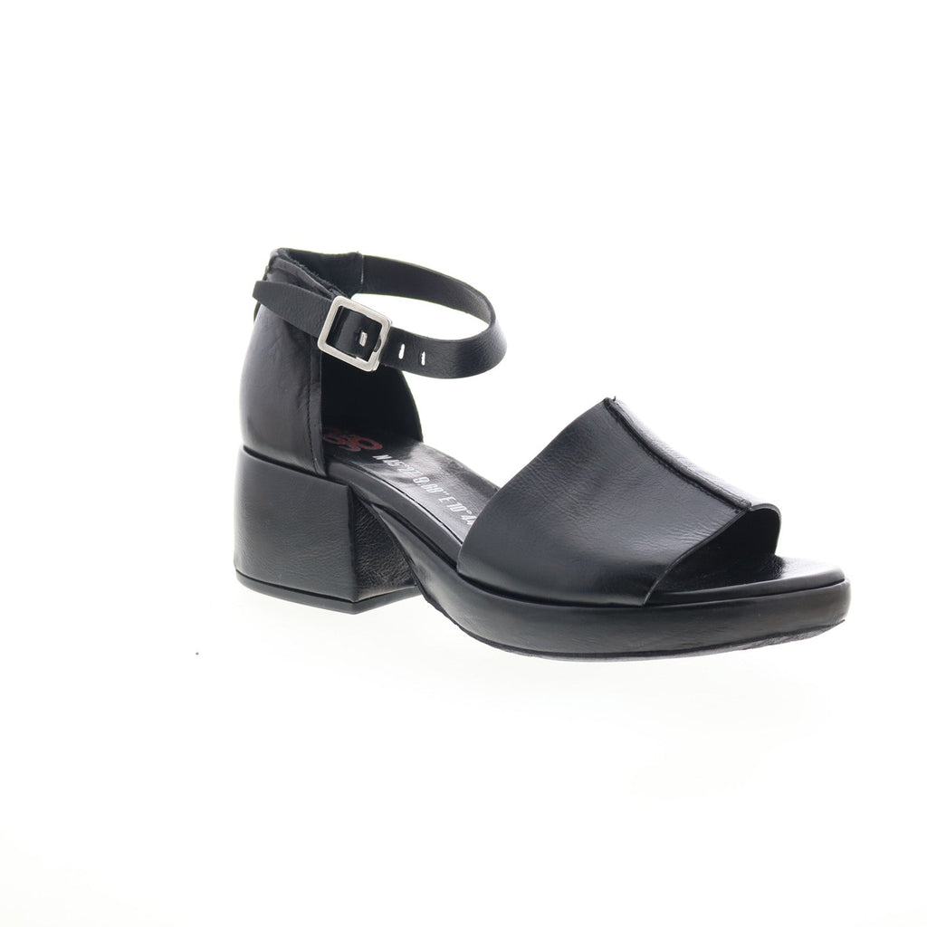 Crue Womens Black Leather Hook & Loop Heeled Sandals Shoes
