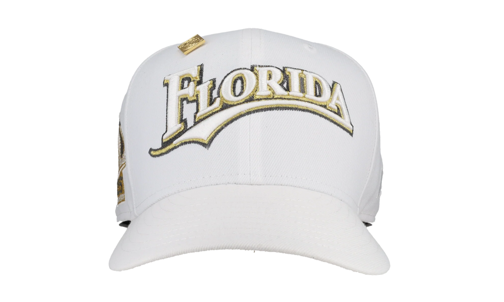 59FIFTY Florida Marlins Pure Royalty Collection 25th Anniversary Patch Fitted Hat "White / Khaki" 123451296316