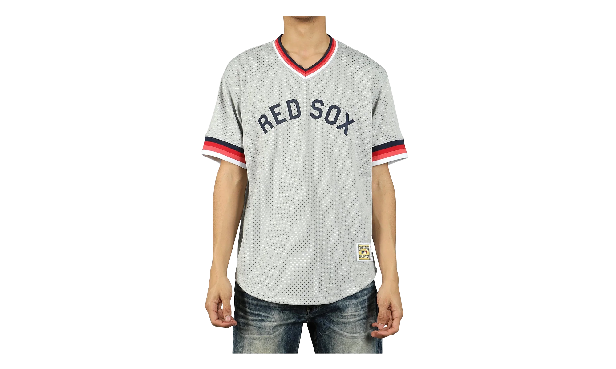 MLB Mesh V-Neck Tee "Boston Red Sox - Grey" MSPOAJ18001 BRSGREY1