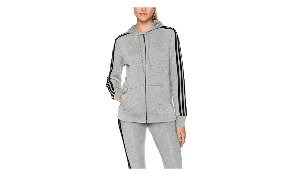 Essentials Cotton Fleece 3-Stripe Full Zip Hoodie WMNS "Grey / Black" CD2250