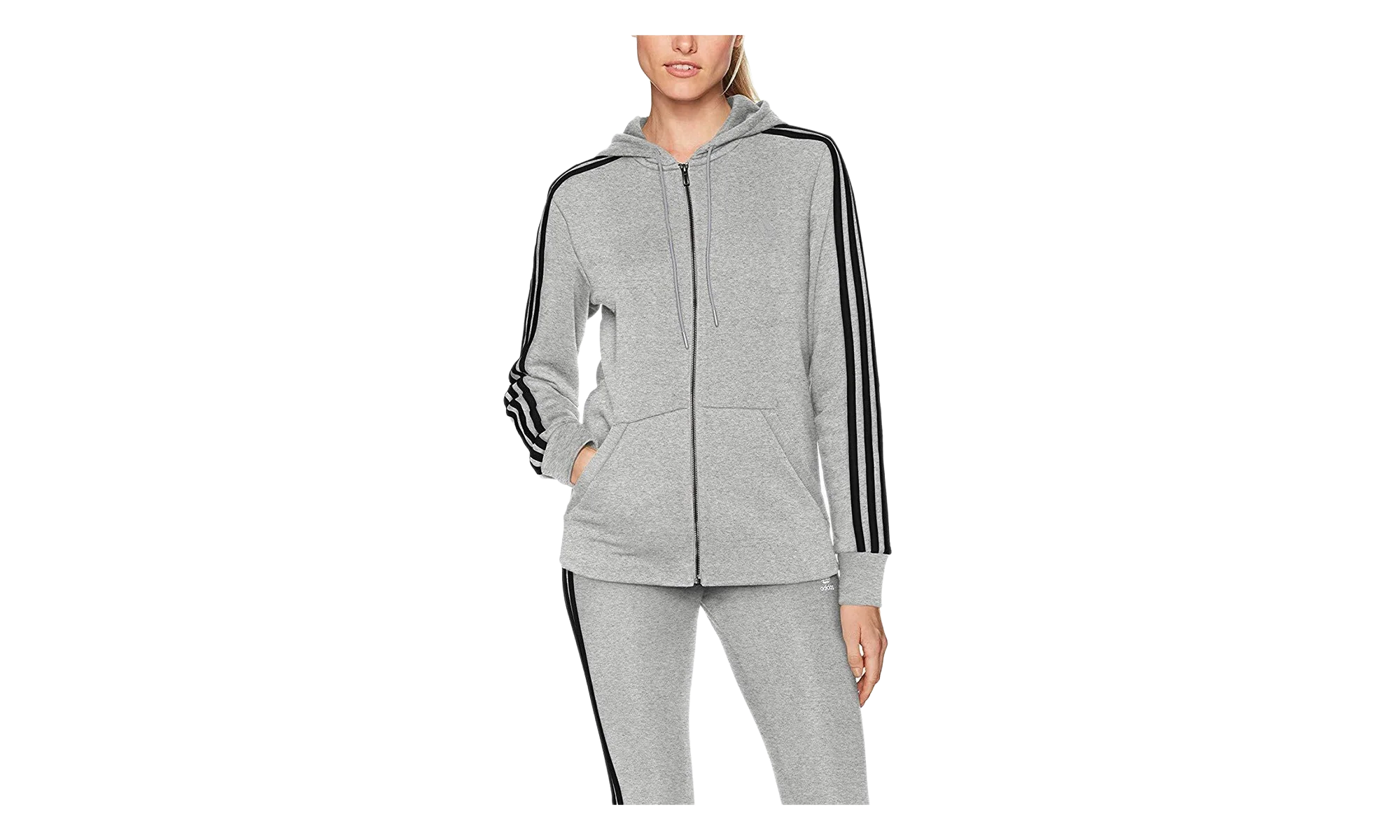 Essentials Cotton Fleece 3-Stripe Full Zip Hoodie WMNS "Grey / Black" CD2250
