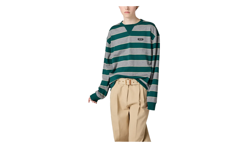 Women's Striped Jersey Sweatshirt WMNS "Bottle Green / Gray" MJLA39 19DD F0E5Q