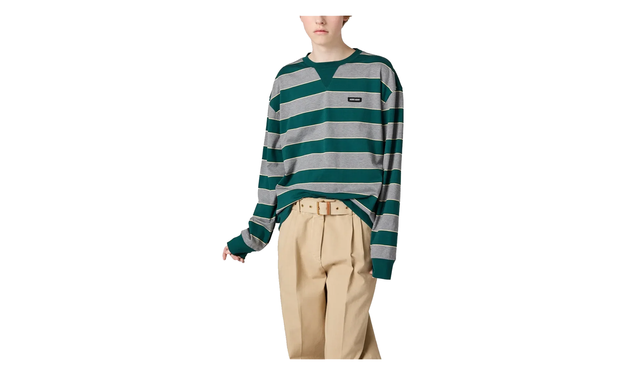 Women's Striped Jersey Sweatshirt WMNS "Bottle Green / Gray" MJLA39 19DD F0E5Q
