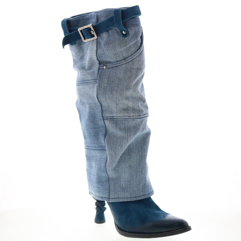 Favro Womens Blue Canvas Zipper Knee High Boots