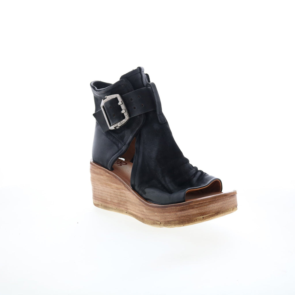Naya Womens Black Leather Hook & Loop Wedges Sandals Shoes
