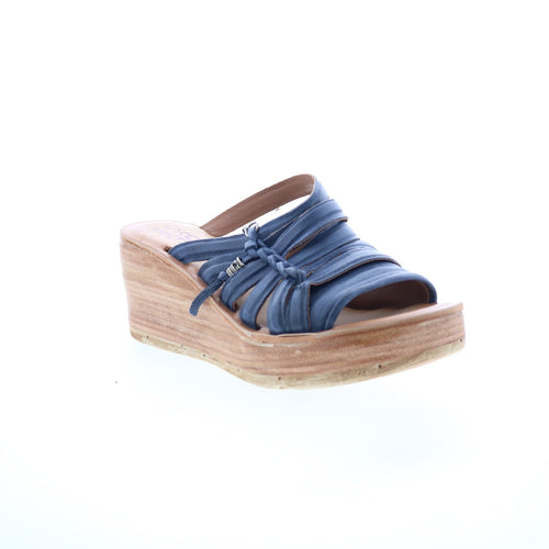 Nicolls Womens Blue Leather Slip On Wedges Sandals Shoes