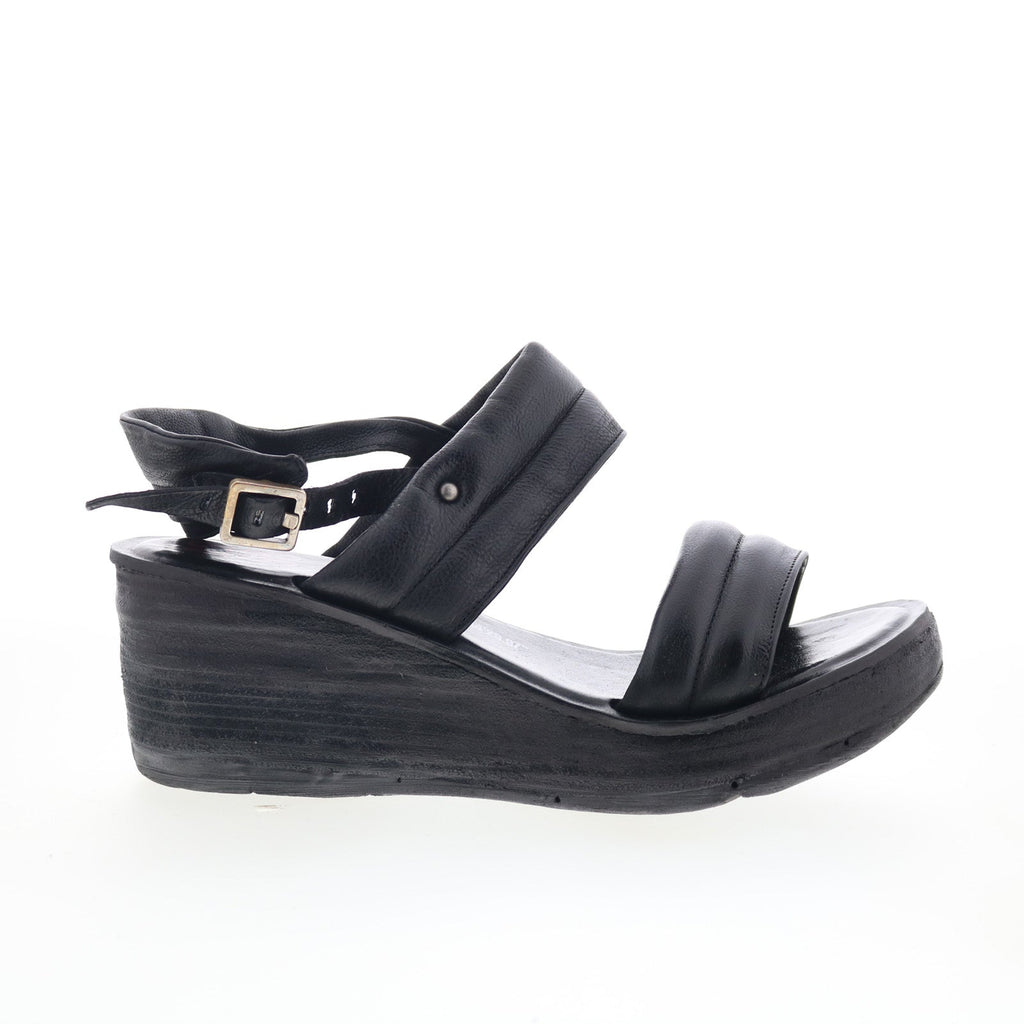 Norward Womens Black Leather Hook & Loop Wedges Sandals Shoes