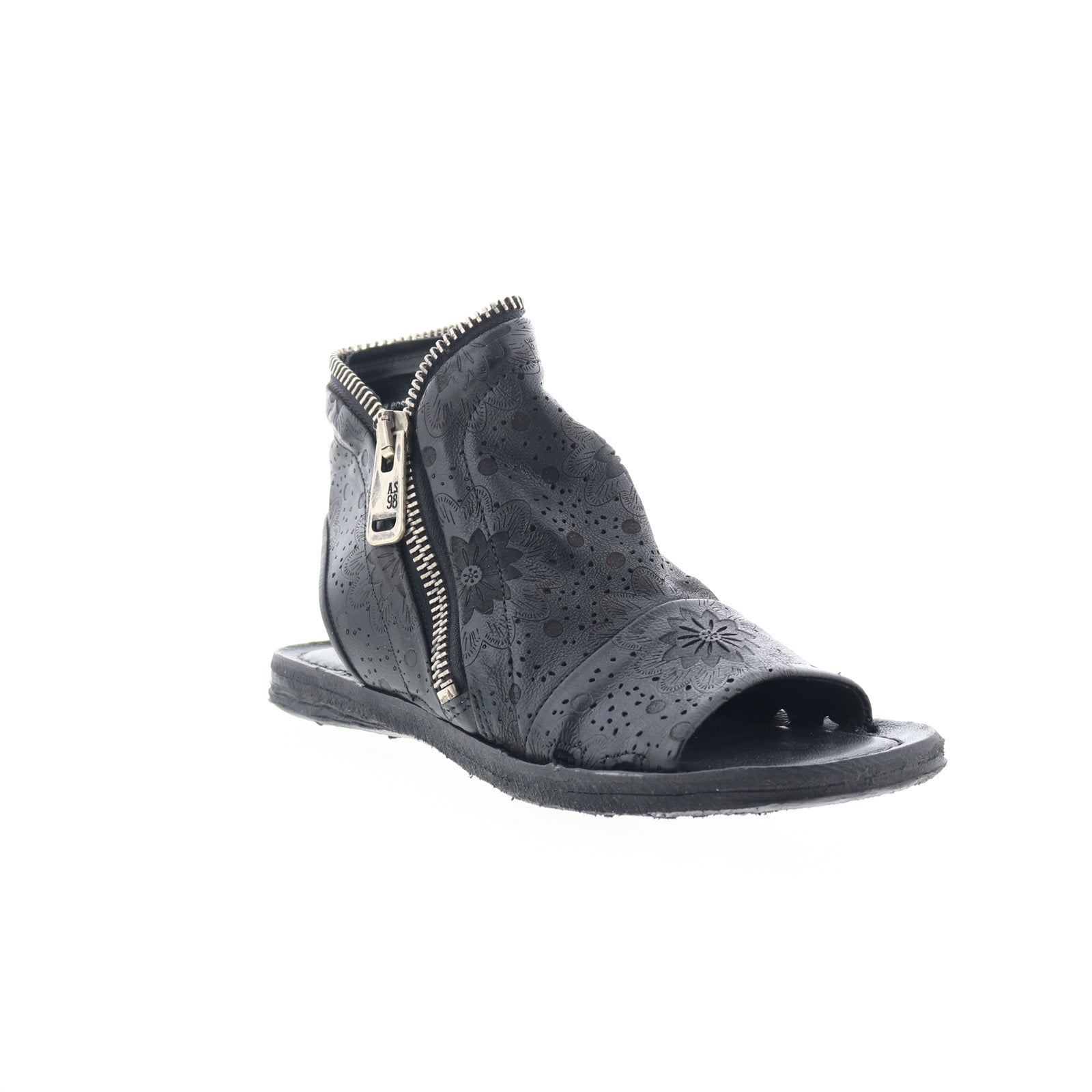 Ritchie Floral Womens Black Leather Zipper Mule Flats Shoes